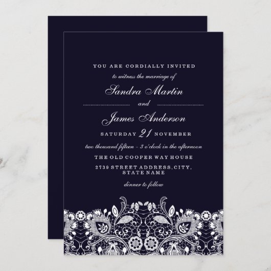 Elegante Royal Blue White Lace bruiloft Uitnodigen Kaart (Voorkant / Achterkant)
