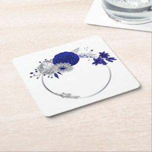 Elegante Royal Blue & zilveren bloemen Vierkante Kartonnen Onderzetter