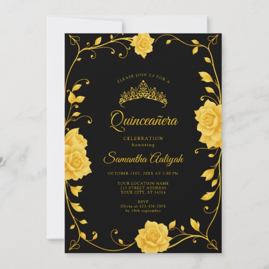 Elegante Royal Golden Floral Quinceañera Kaart (Voorkant)