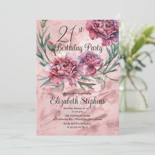 Elegante roze anjers 21ste verjaardagsfeest kaart (Staand voorkant)