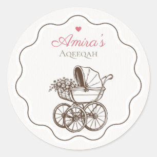 Elegante Roze Aqiqah Vintage Baby Carriage Islamit Ronde Sticker