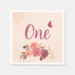 Elegante Roze Aquarel Bloemige Eerste Verjaardag Servet
