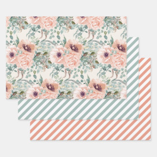 Elegante Roze Aquarel Bloemige Salie Groene Strepe Inpakpapier Vel