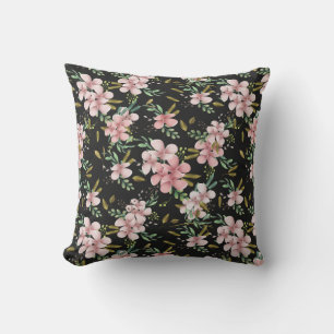 Elegante Roze Aquarel Bloemige Zwarte Botanische Buitenkussen
