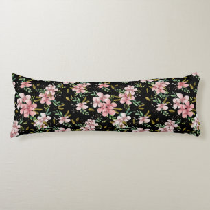 Elegante Roze Aquarel Bloemige Zwarte Botanische Lichaamskussen