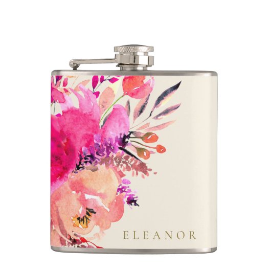 Elegante Roze Aquarel Bloemstuk Bruidsfeestje Heupfles (Voorkant)