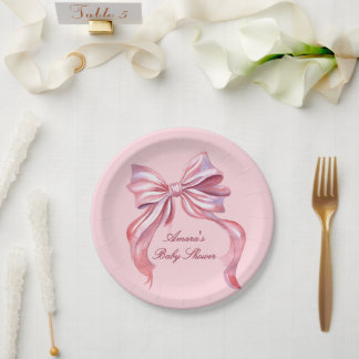 Elegante Roze Aquarel Strik Meisje Baby Shower Papieren Bordje