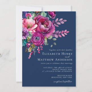 Elegante Roze Blauwe Aquarel Bloemige Bruiloft Kaart