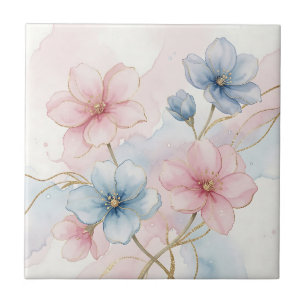 Elegante Roze Blauwe Bloemige Waterverf Tegeltje