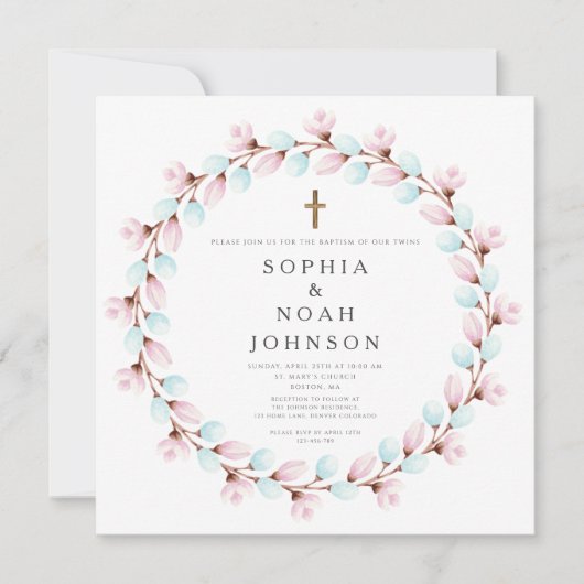 Elegante roze blauwe kruis tweeling doop kaart (Voorkant)