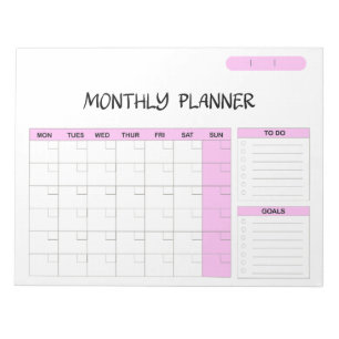 Elegante roze blauwe lege maandelijkse kalender pl notitieblok