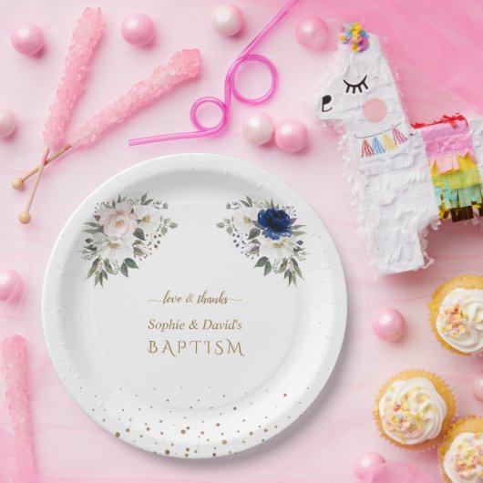 Elegante Roze Blauwe Witte Bloemen Tweeling Doop Papieren Bordje (Feest)