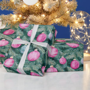 Elegante roze blauwgroen kerstballen cadeaupapier