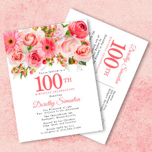 Elegante Roze Bloem 100e Verjaardag Uitnodiging Briefkaart