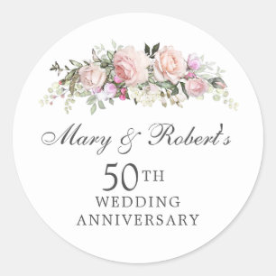 Elegante roze bloem 50ste huwelijksverjaardagsfees ronde sticker