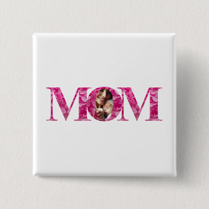 Elegante roze bloem "MOM" belettering, aangepaste Vierkante Button 5,1 Cm