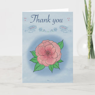 Elegante roze bloem op blauw gevouwen bedankkaart