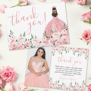 Elegante Roze Bloem Quinceañera Foto Bedankkaart