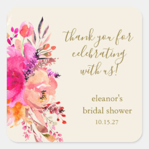 Elegante Roze Bloemachtige Bruiloftsbruid Shower A Vierkante Sticker