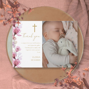 Elegante Roze Bloemachtige Foto Doop Christening Bedankkaart