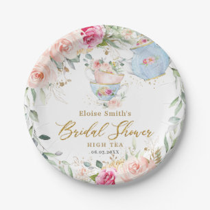 Elegante Roze Bloemachtige High Tea Party Bruidsbo Papieren Bordje
