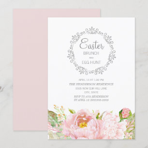 Elegante Roze Bloemachtige Paasbrunch Eiersoeken Kaart