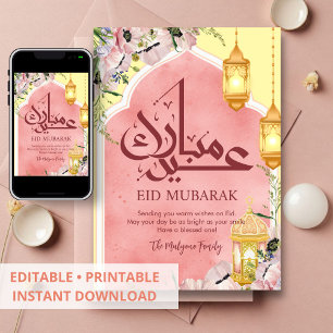 Elegante Roze Bloemboog Eid Mubarak Kaart