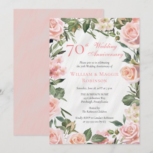 Elegante Roze Bloemen 70ste bruiloft Jubileum Part Kaart (Voorkant / Achterkant)