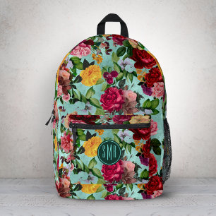 Elegante roze bloemen aqua patroon monogram bedrukte rugzak
