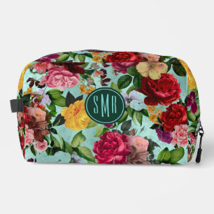 Elegante roze bloemen aqua patroon monogram toilettasje