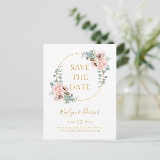 Elegante Roze Bloemen | Bewaar De Datum Postkaart Uitnodiging Briefkaart (Staand voorkant)