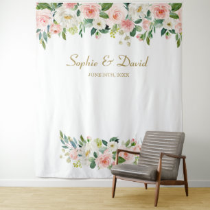 Elegante Roze Bloemen Bruiloft Foto Booth Achtergr Wandkleed