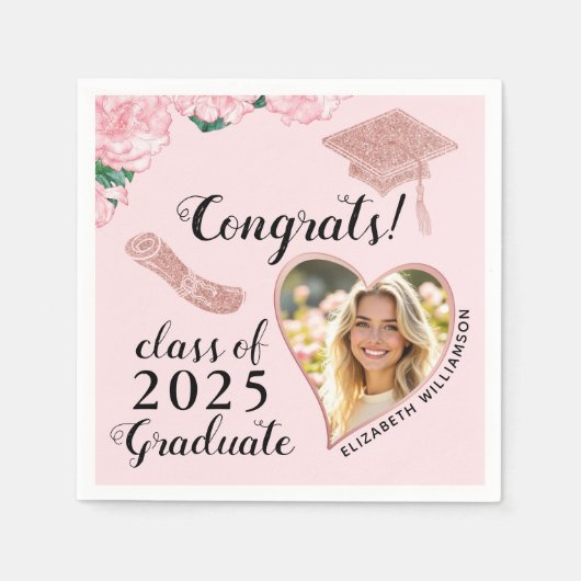 Elegante Roze Bloemen Custom Photo Afstuderen Servet (Voorkant)