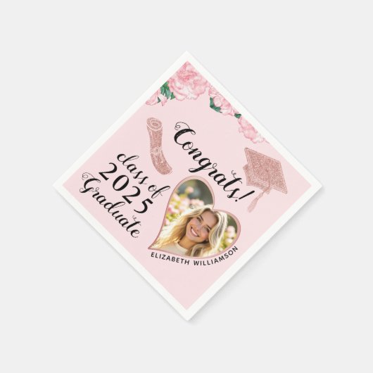 Elegante Roze Bloemen Custom Photo Afstuderen Servet (Hoek)