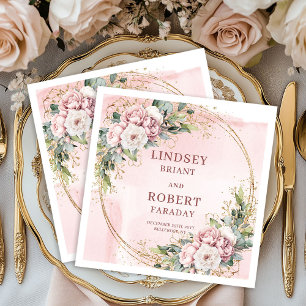 Elegante Roze Bloemen Goud Glitter Bruiloft Servet
