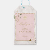 Elegante roze bloemen gouden doop cadeaulabel (Voorkant)