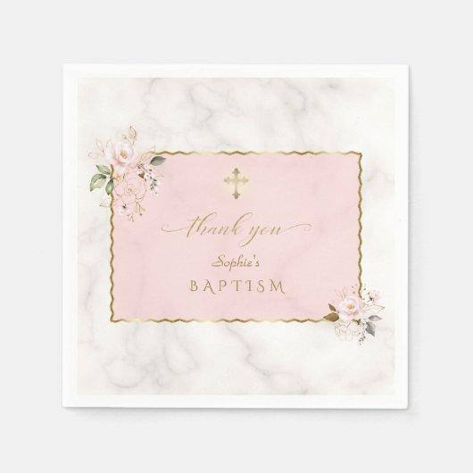 Elegante roze bloemen gouden doop servet (Voorkant)