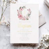 Elegante Roze Bloemen Krans Meisje Doop Goud Folie Uitnodiging