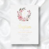 Elegante Roze Bloemen Krans Meisje Doop Goud Folie Uitnodiging