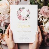 Elegante Roze Bloemen Krans Meisje Doop Goud Folie Uitnodiging