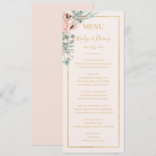 Elegante Roze Bloemen | Pastelkleurig Trouwdinerme Menu (Voorkant / Achterkant)