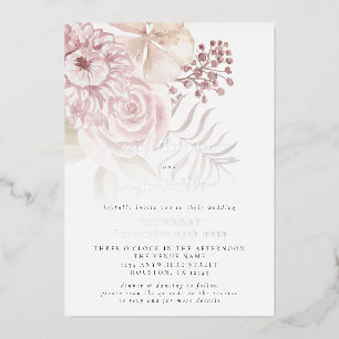Elegante Roze Bloemen QR Code Huwelijk Echt Folie Uitnodiging