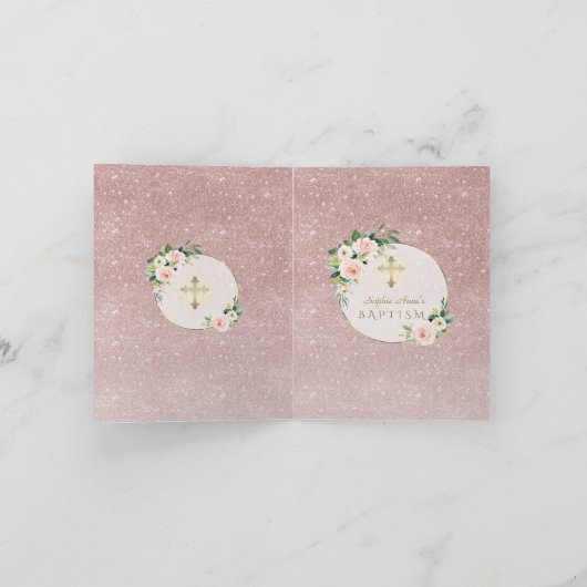 Elegante roze bloemen Roze goud glinsterende Doop Feestdagen Kaart (Binnen)