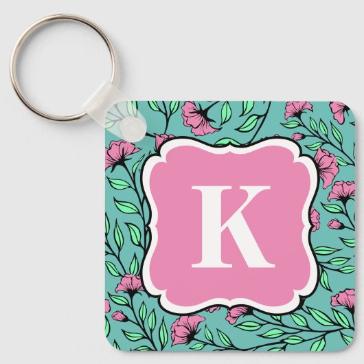 Elegante Roze Bloemen Sleutelhanger met Monogram (Voorkant)