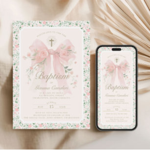Elegante Roze Bloemen Strik Doop Uitnodiging