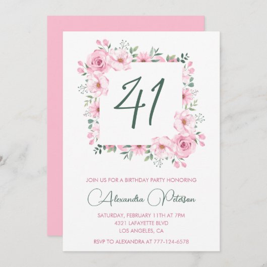 Elegante Roze Bloemen Waterverf 41ste verjaardag Kaart (Voorkant / Achterkant)