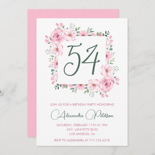 Elegante Roze Bloemen Waterverf 54ste verjaardag Kaart (Voorkant / Achterkant)