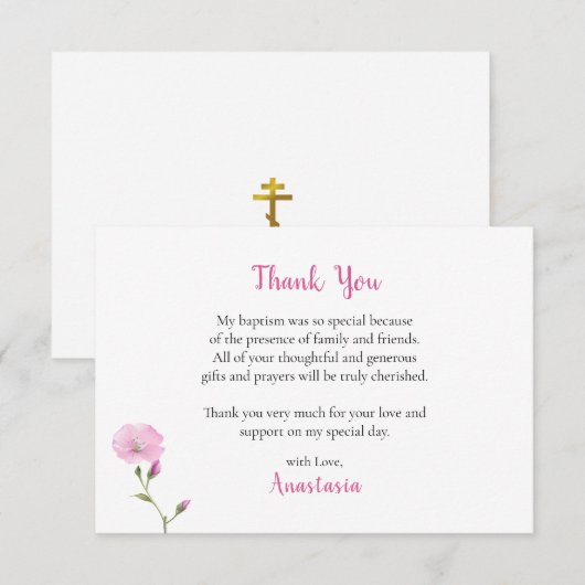 Elegante Roze Bloemen Wing Orthodoxe Doop Bedankkaart (Voorkant / Achterkant)