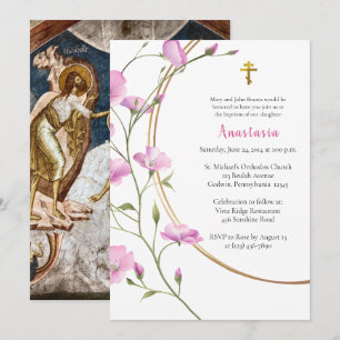 Elegante Roze Bloemen Wingerd Orthodox Doopsel Kaart