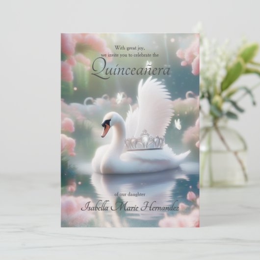 Elegante Roze Bloemen Zwaan Zilver Tiara Quinceañe Kaart (Staand voorkant)